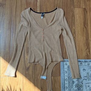 Windsor Ribbed Long-Sleeve V-Neck Bodysuit in Camel